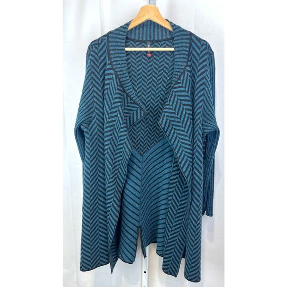 RONI RABL Open Front Chevron Cardigan Tunic Sweater Merino Wool Blend Blue L - Picture 8 of 8